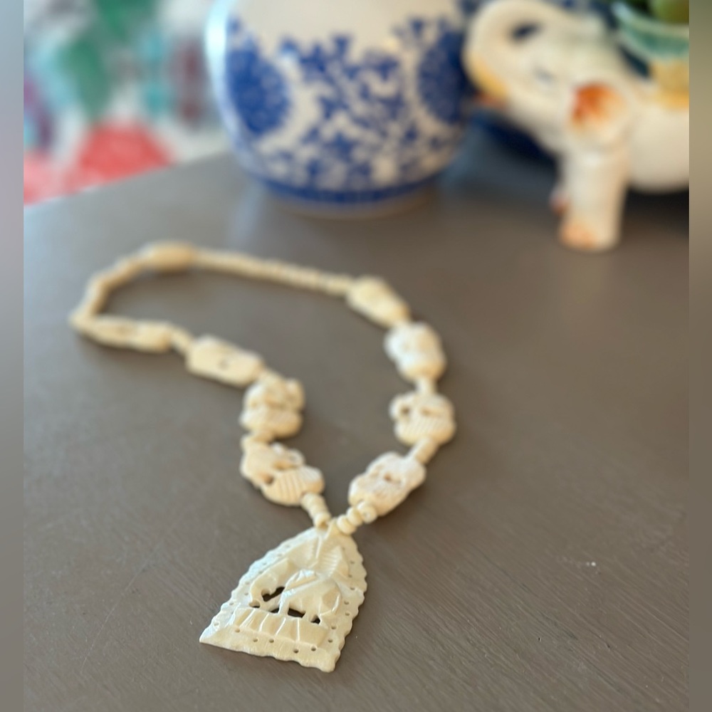 Vintage Carved Faux Ivory Elephant Necklace